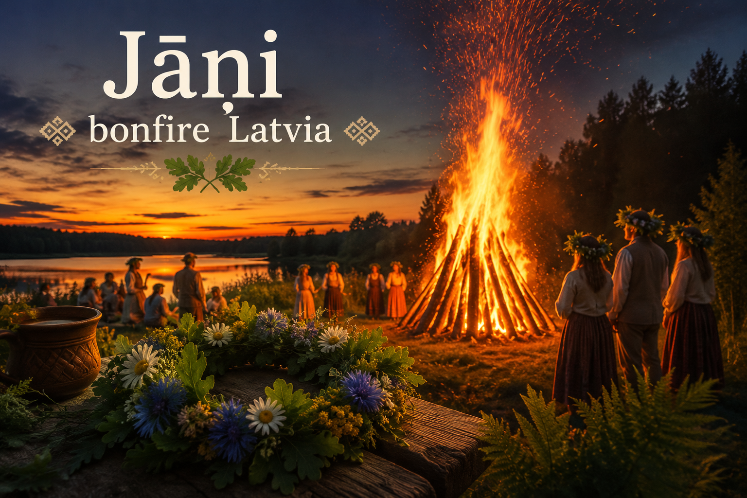 Group of people in traditional Latvian dress circle a tall bonfire at sunset by a lake during Jāņi festival, with floral wreaths in the foreground.