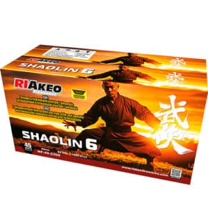 Box of Riakeo Shaolin 6 fireworks featuring a martial artist in orange hues with bold white and red text and a sunset background (45 shots).