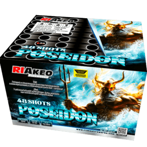 Riakeo Fireworks Poseidon 48 Shots box featuring a muscular Poseidon with a trident and blue, icy waves on the artwork (front panel).