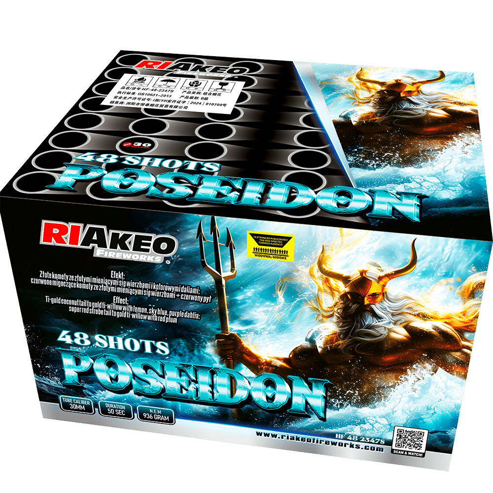 Riakeo Fireworks Poseidon 48 Shots box featuring a muscular Poseidon with a trident and blue, icy waves on the artwork (front panel).