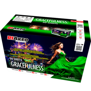 Product box for RIakeo Gracefulness fireworks, 50 shots, green-and-black design with fireworks graphics and a woman in a green dress