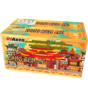 Colorful Tang Ren Jie fireworks box featuring a Chinese temple and ornate temple motifs on an orange background.