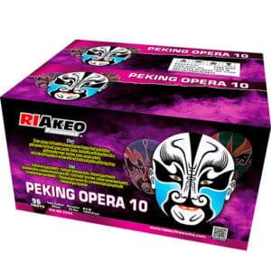 Riakeo Fireworks box labeled Peking Opera 10, purple packaging with a white stylized Peking Opera mask on the front.