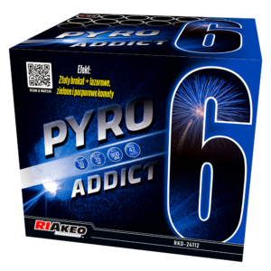 Blue Pyro Addict 6 fireworks box with a large white 6, fireworks graphics, and a QR code on the left; brand Riakeo Fireworks