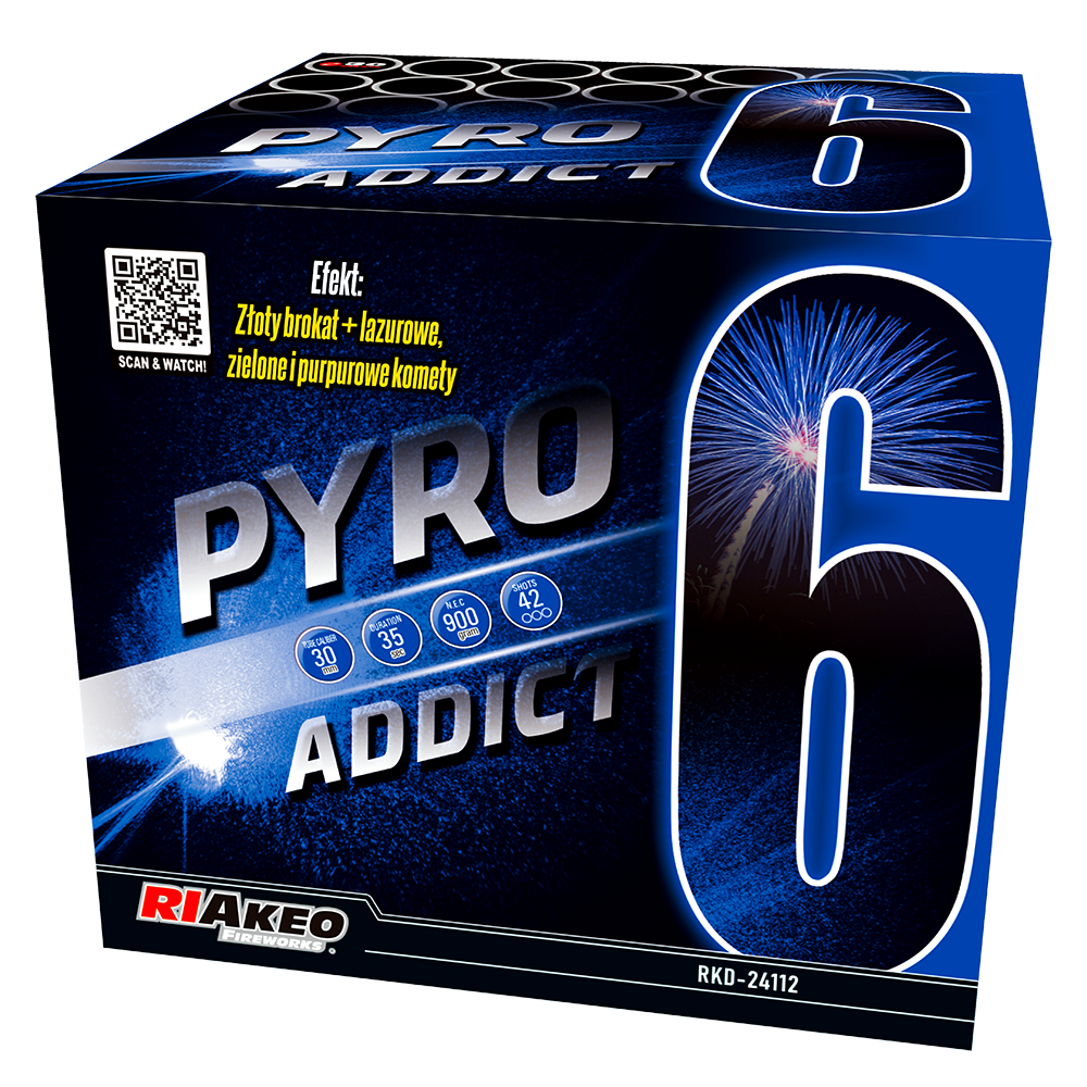 Blue Pyro Addict 6 fireworks box with a large white 6, fireworks graphics, and a QR code on the left; brand Riakeo Fireworks